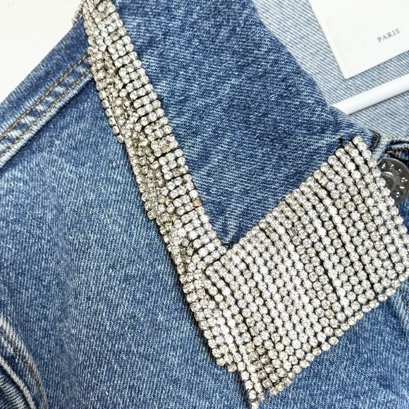 SANDRO Crystal Rhinestone Fringe Collar‎ Oversized Denim Trucker Jean Jacket M - Picture 14 of 15